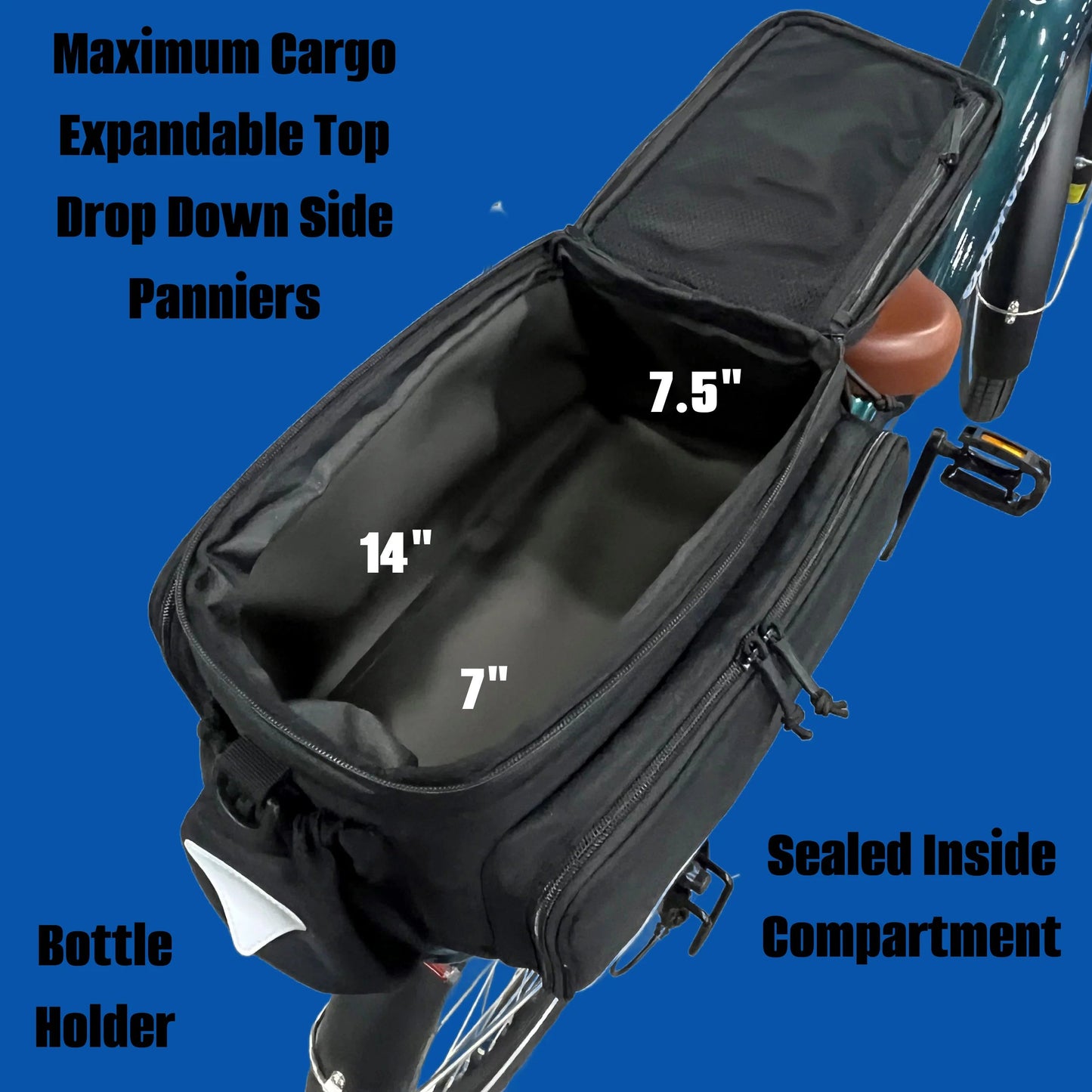 Big Poppa rack bag bungee net and water bottle holder