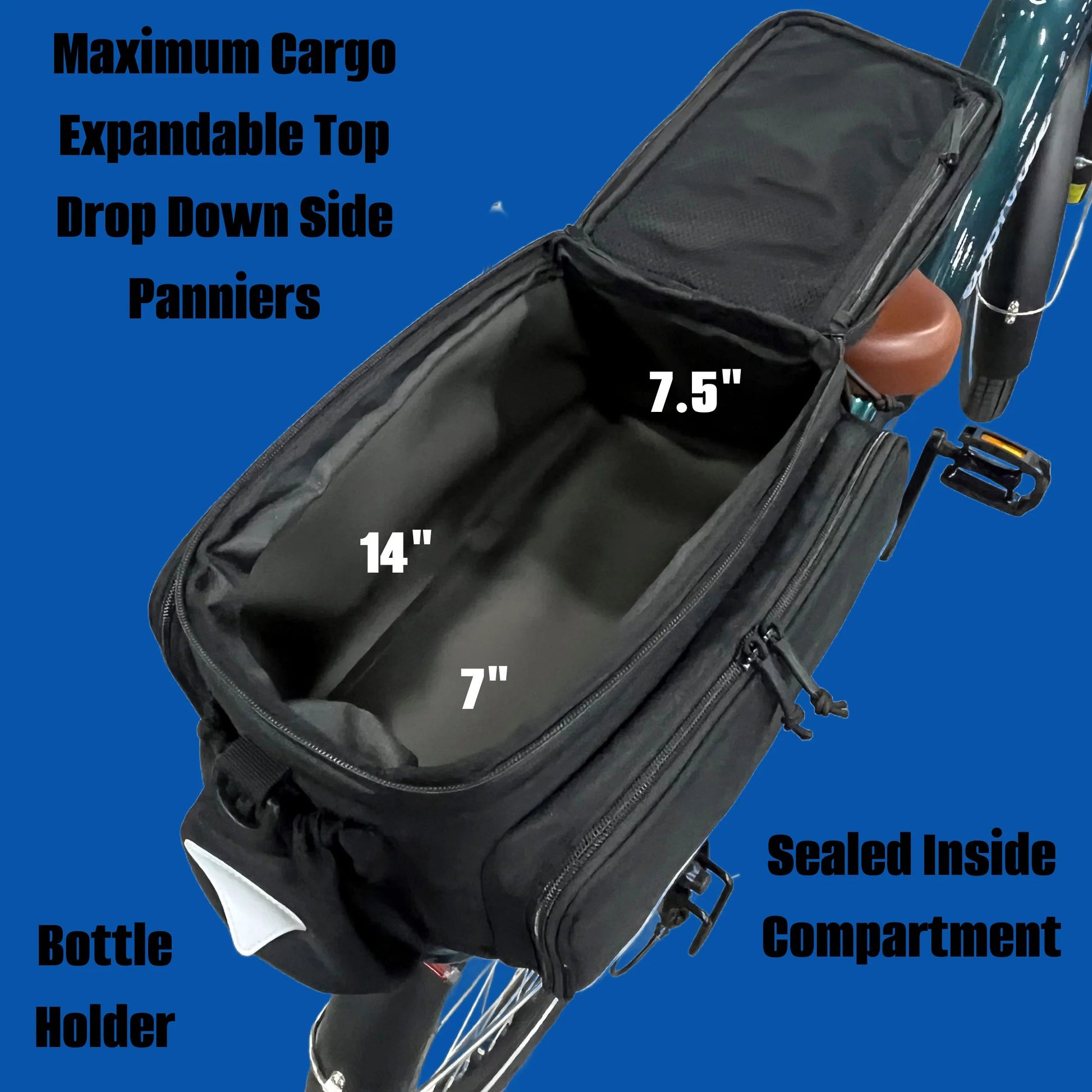 Big Poppa rack bag bungee net and water bottle holder