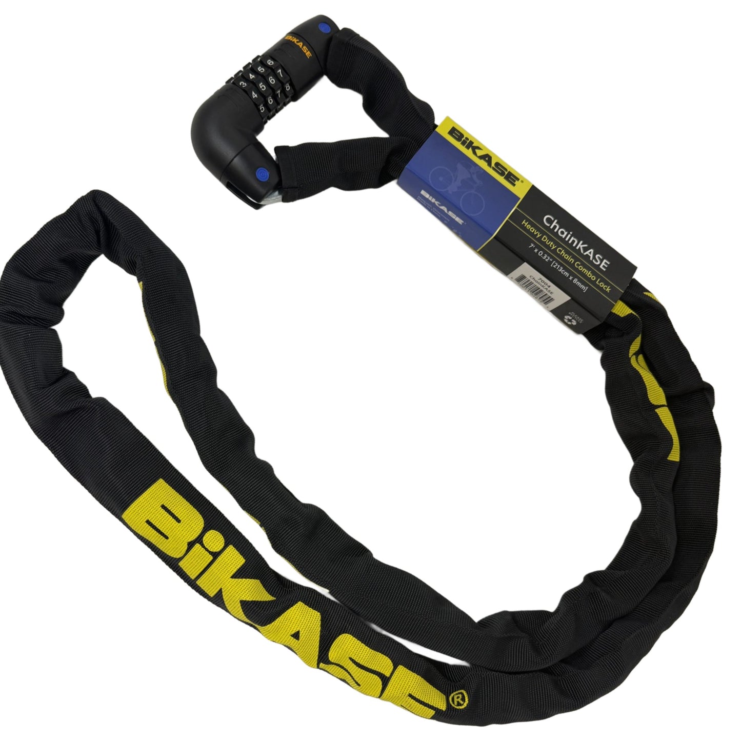 ChainKASE 7 foot ebike chain lock coiled, with black nylon chain sleeve and combination lock body